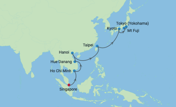 Croisière Singapour, Vietnam, Taiwan et Japon map Croisière Singapour, Vietnam, Taiwan et Japon map