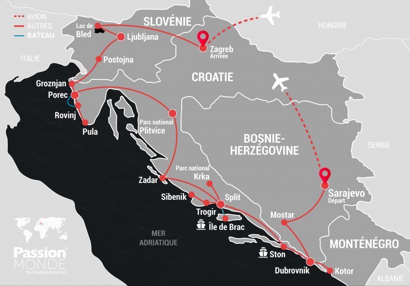 Croatie, Slovénie, Monténégro et Bosnie map